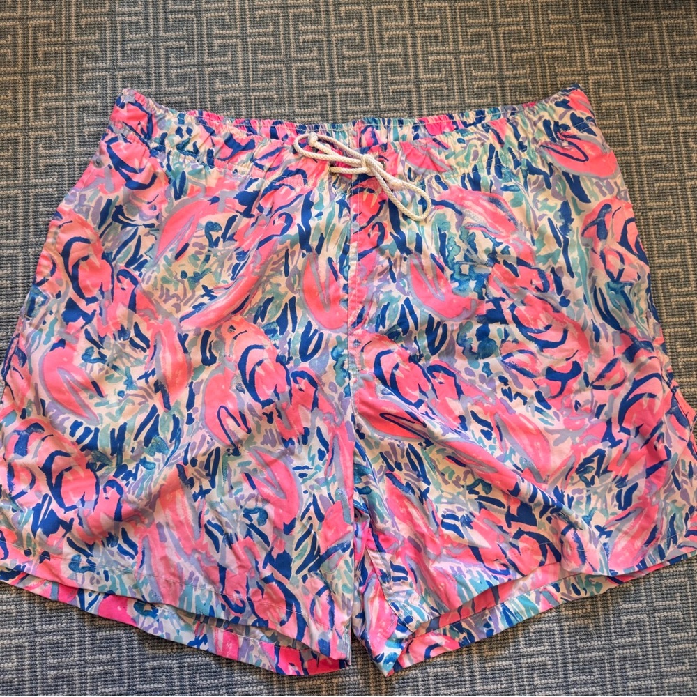 Mens Lilly Pulitzer Capri Swim Trunks Lobster Print Blue and Pink size XL